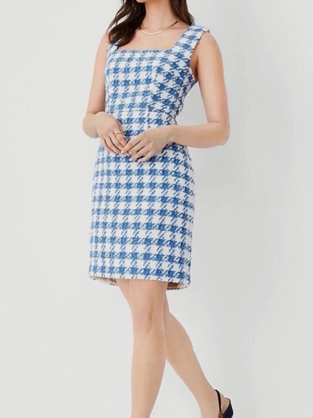 Ann Taylor Tweed Gingham Herringbone Sleeveless Sheath Dress White Blue Size 10